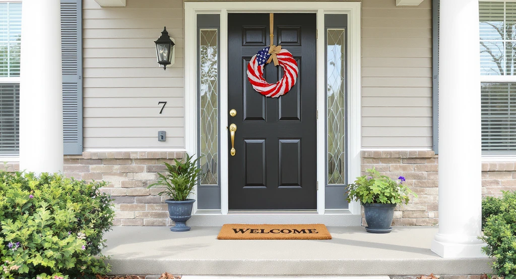 Front porch after using ai visualization for July 4th home decor shows a tidy entryway with new mat, visible house numbers, potted plant, and a patriotic wreath.