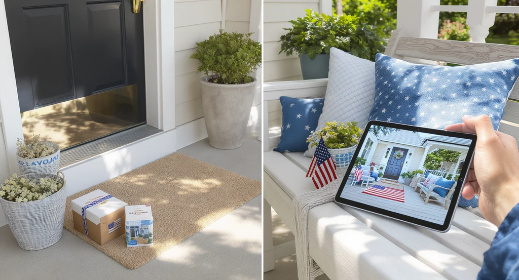 Modern front porch prepared for July 4th updates, showing a tablet with AI visualization of holiday decor ideas and patriotic decorations ready to use.