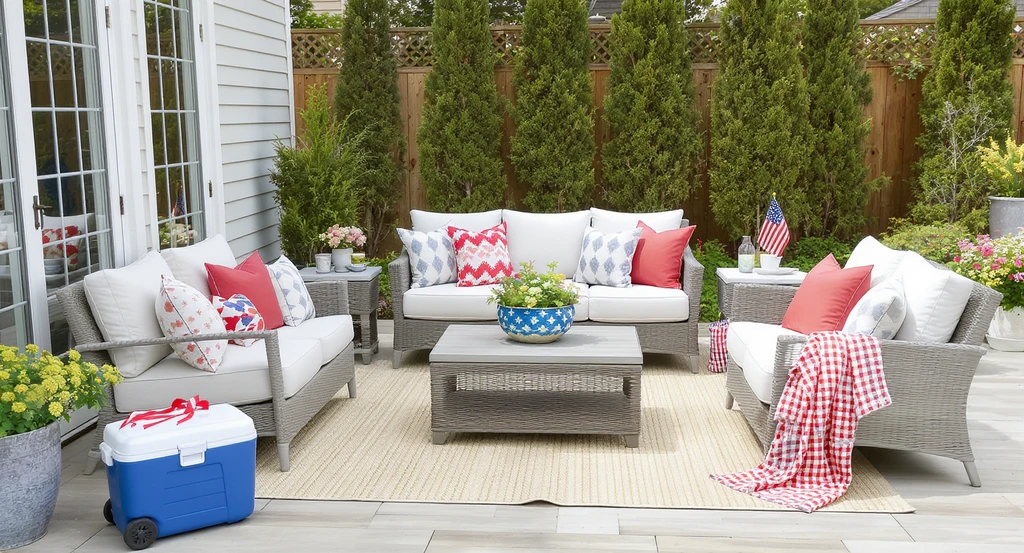 Patio layout previewed with AI visualization for July 4th home decor showing defined seating groups, new cushions, a statement planter, and clear walkways. Best AI tools for virtual home styling illustrated by decluttered, conversational outdoor zones.