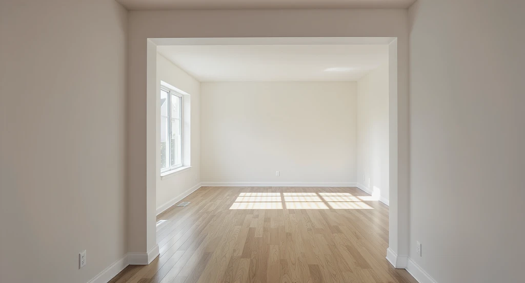 Wide-angle photo of an empty living room with all walls clearly visible, illustrating how to help AI visualize room layout and avoid common mistakes in AI interior design photos.