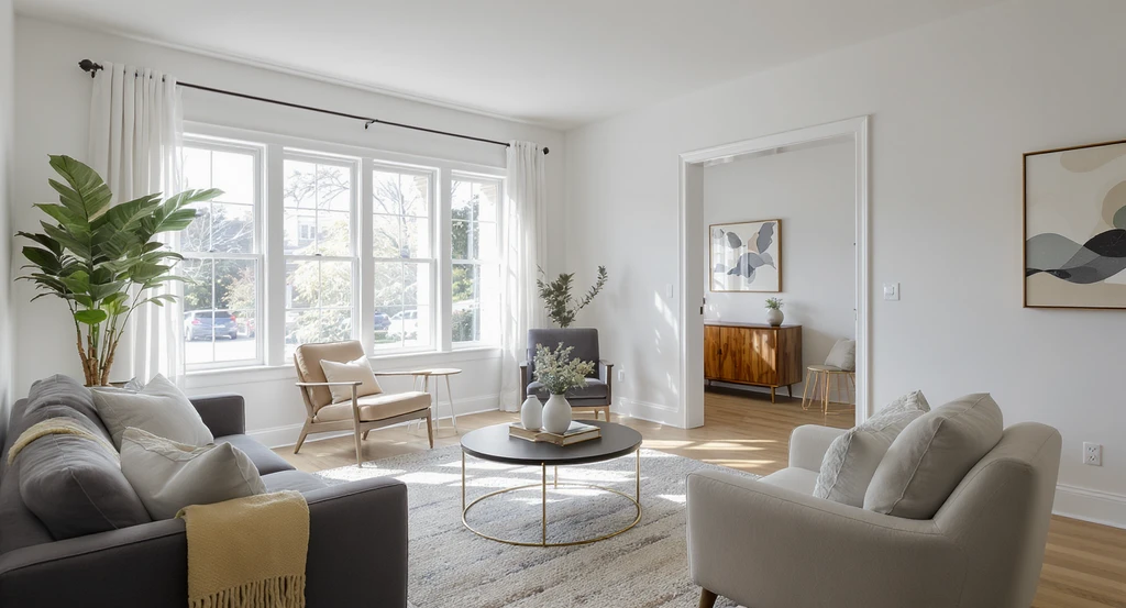 Photorealistic living room showing how to help AI visualize room layout—clear walls, floors, doors, windows, and proper furniture placement. Improving AI virtual staging with better wall visibility and tips for photographing rooms for AI design to avoid common mistakes in AI interior design photos.