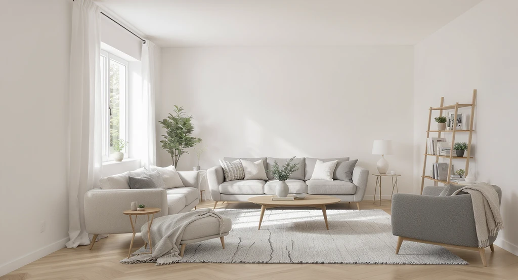 Photorealistic living room with clear wall boundaries and floor layout, illustrating tips for photographing rooms for AI design and better virtual staging.