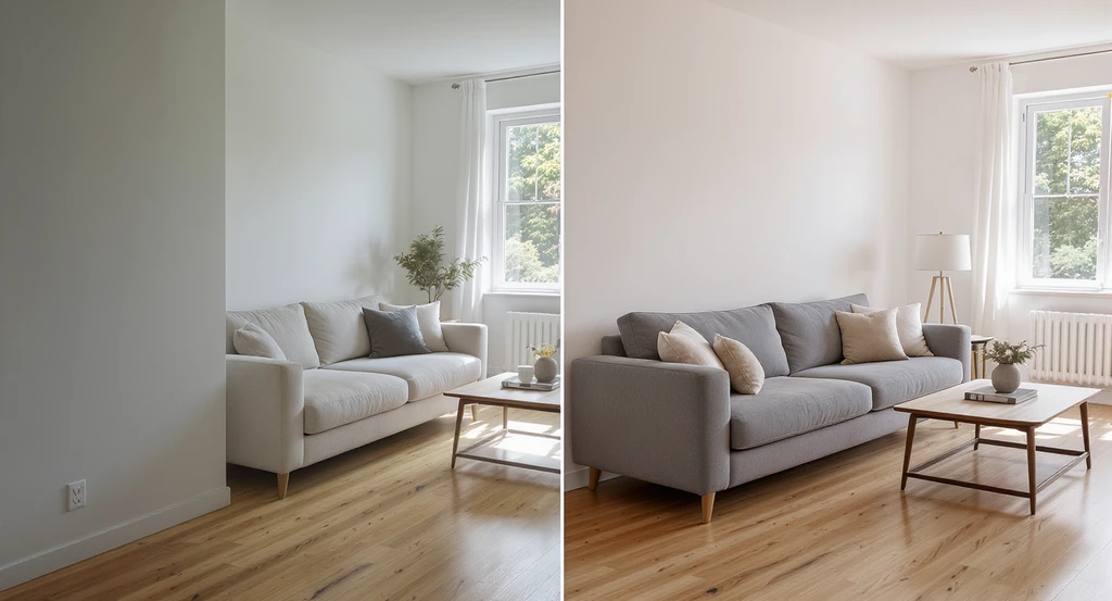Side-by-side living room photos illustrating how to help ai visualize room layout, improving ai virtual staging with better wall visibility, and tips for photographing rooms for ai design—the left shows misaligned, floating furniture, while the right shows accurate, grounded placement with corners and floor visible.