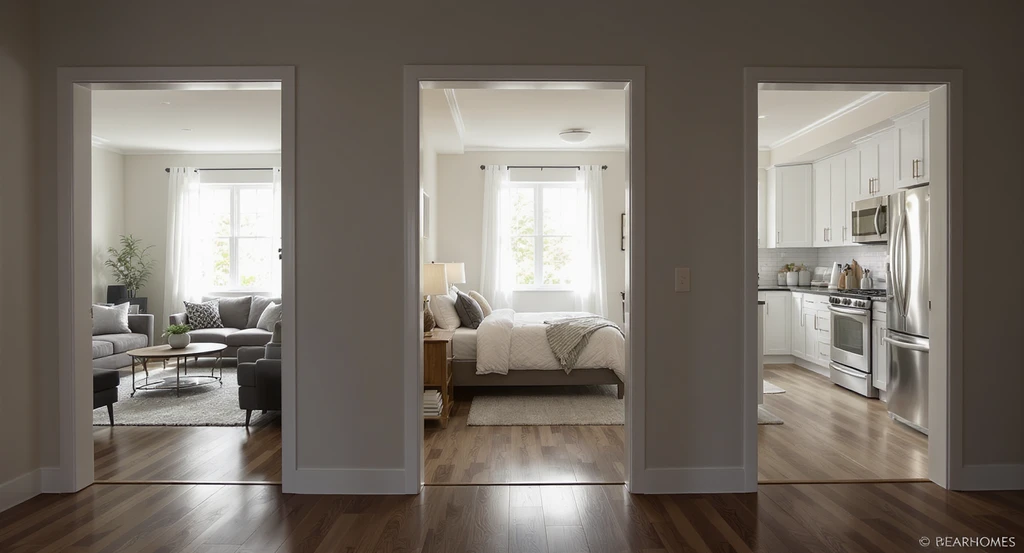 Modern living room, bedroom, and kitchen photographed from doorways with all walls visible, illustrating how to help ai visualize room layout and avoid common mistakes in ai interior design photos.