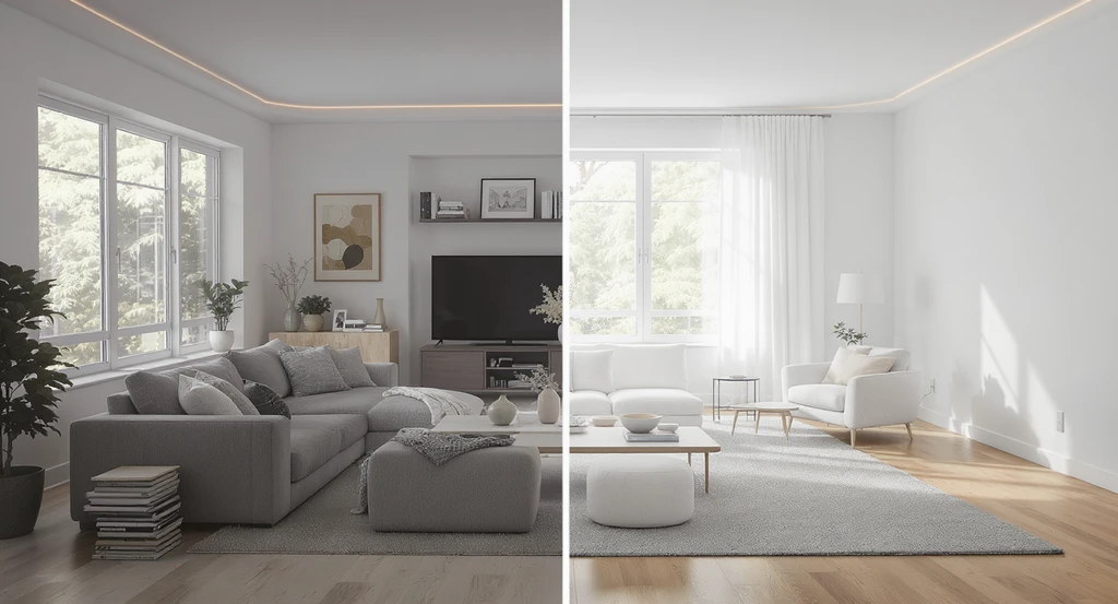 Realistic living room showing oversized furniture crowding one side and small furniture on the other, illustrating how ai virtual staging impacts home sales and improves listing photos using accurate scale.