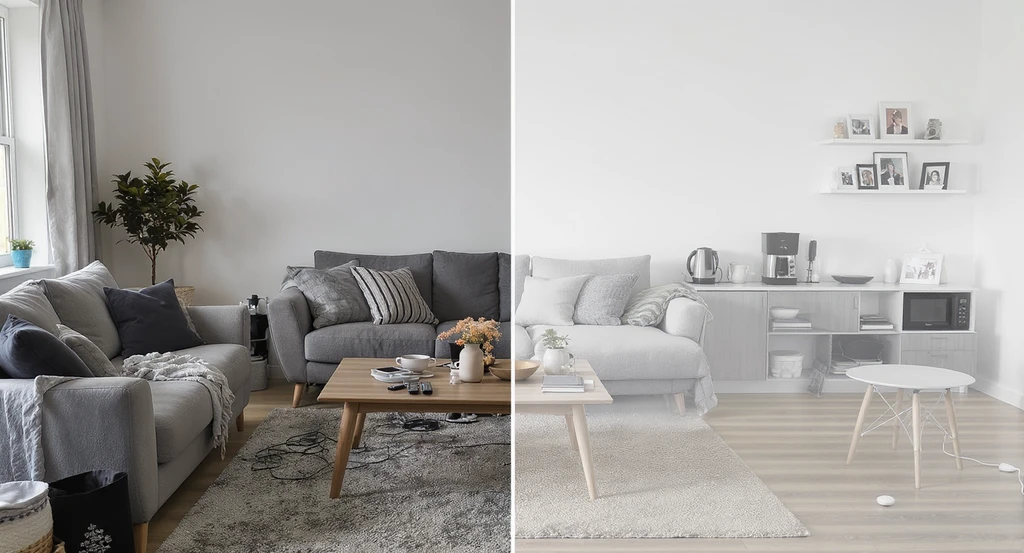 Modern living room split to show before and after decluttering: one half with everyday clutter like remotes, cables, and appliances, the other neat and open, demonstrating the impact of ai virtual staging on home sales, how ai home design tools improve listing photos, and best practices for realtors.