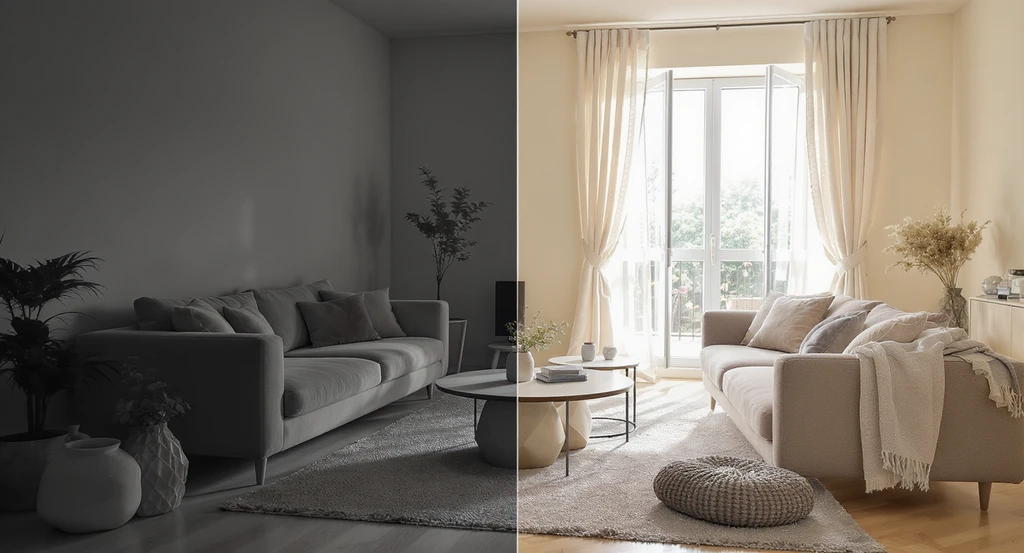 A modern living room split between poor overhead lighting and even natural daylight, showing how proper lighting boosts AI-powered real estate photography.