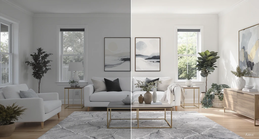 Real estate listing photo of a modern living room with a before-and-after virtual staging effect, showing how AI home design tools and AI virtual staging impact home sales and listing photos quality.