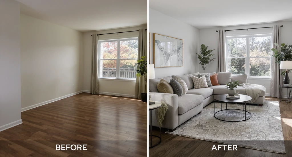 Side-by-side living room shows impact of ai virtual staging on home sales, highlighting how ai home design tools improve listing photos and property value.