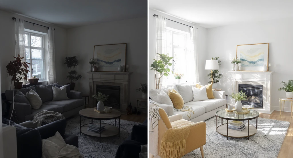 Two living room listing photos side by side: one dark and cluttered, the other bright and virtually staged using AI home design tools, showing the benefits of AI-powered real estate photography on home sales and property value.