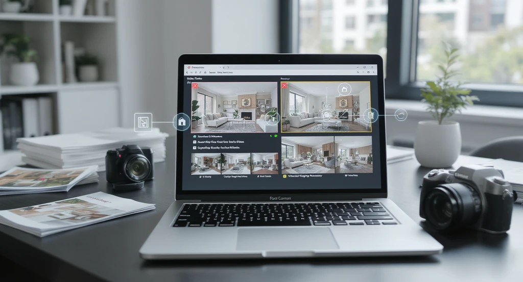 A real estate office workspace featuring a laptop running ai-powered real estate media compliance solutions, showing automated virtual staging checks and ai-driven photo compliance for MLS, with property images and brochures enhancing enterprise ai listing workflows.