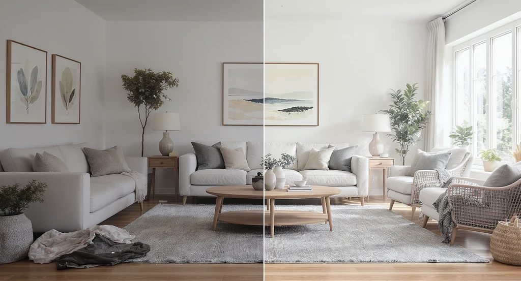Side-by-side living room photos illustrate ai-powered real estate media compliance solutions, showing how AI automates photo enhancement and virtual staging for listing quality.