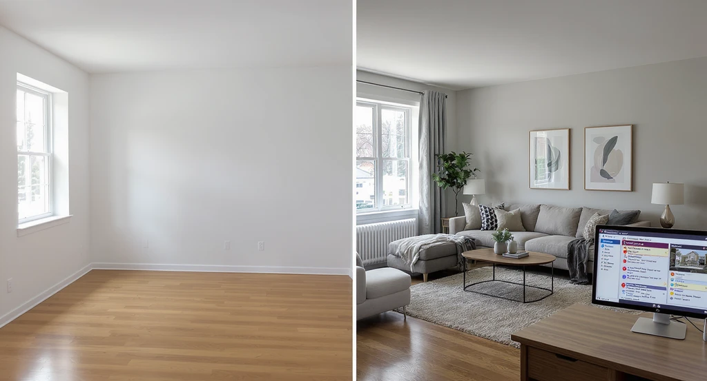 Photorealistic split-view of a living room before and after AI-powered virtual staging, showing ai-driven photo compliance for MLS and listing enhancement tools.