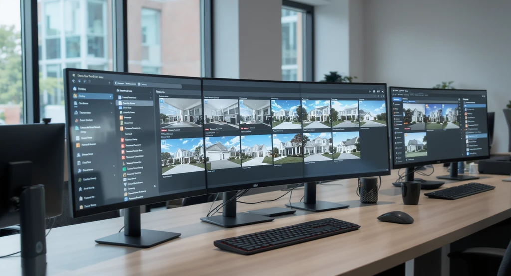 Modern office with computer monitors displaying an AI-powered real estate media compliance dashboard, highlighting automated sky replacement, watermark removal, and manual review options, demonstrating how AI automates virtual staging and enhances listing photos for MLS compliance.