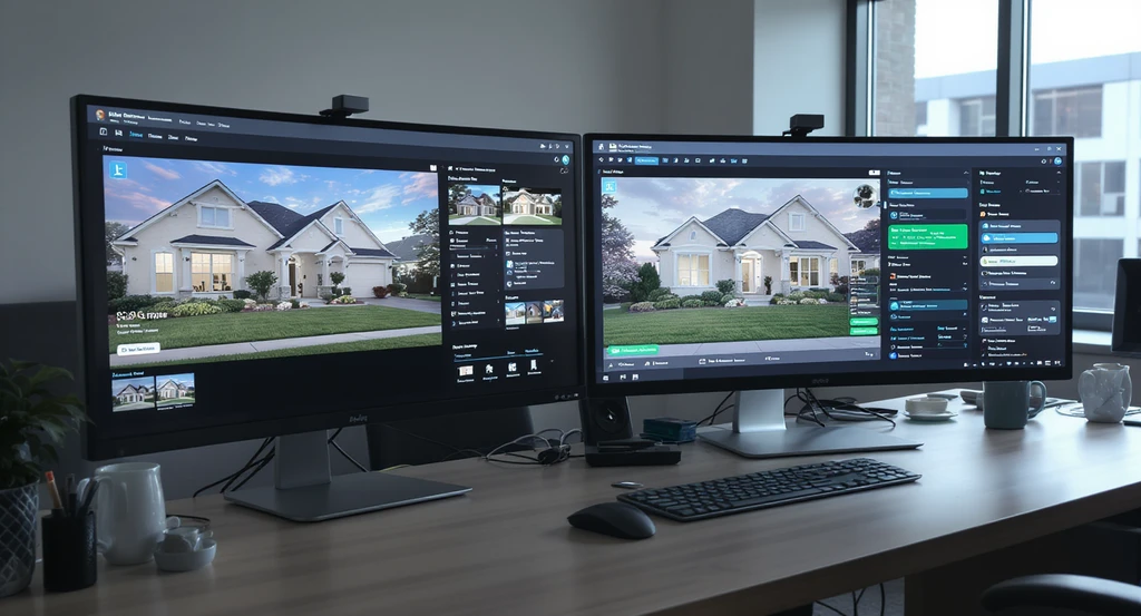 AI-powered real estate media compliance solutions in action: computer screens in a modern office display how AI automates virtual staging, photo compliance for MLS, and improves real estate workflows with AI visualization tools.