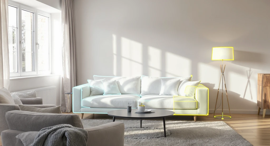 Photorealistic living room with digital annotations marking a lamp and sofa, illustrating ai image annotation for interior design and best practices for how to mark changes in ai home design using reference images and preventing unwanted ai changes during edits.