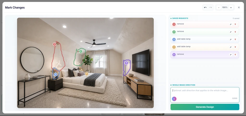 Photorealistic image of a living room on a computer monitor showing ai image annotation for interior design, marking changes in ai home design, demonstrating best practices for ai room visualization annotations to prevent unwanted ai edits.