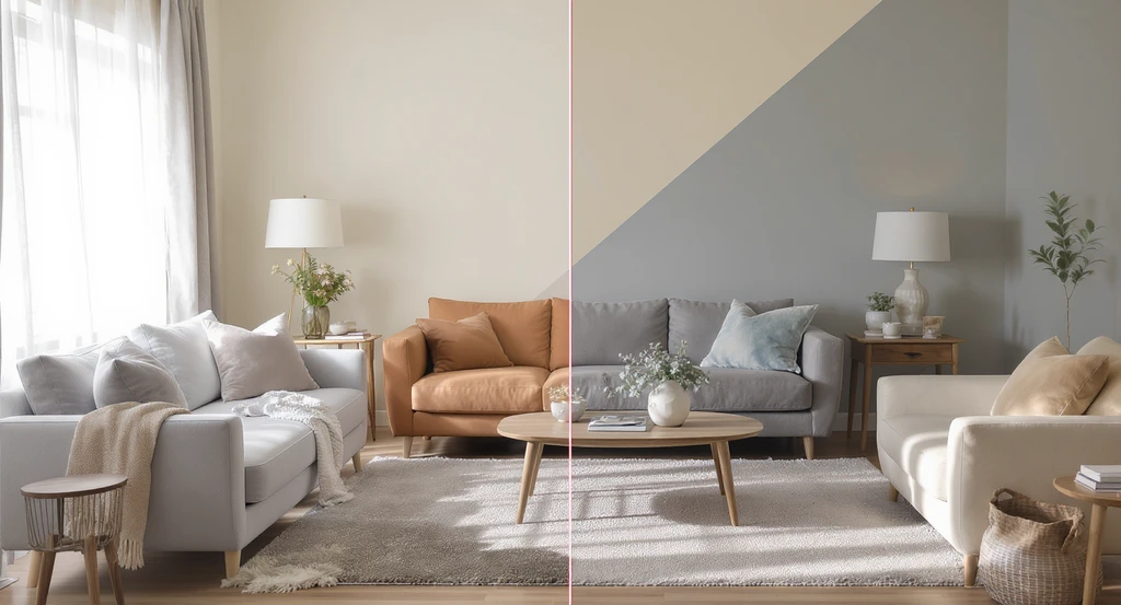 Realistic living room showing ai image annotation for interior design with marked edits such as a new rug, repainted wall section, adjusted lamp placement, and decluttered surface, demonstrating how to mark changes in ai home design while preventing unwanted ai changes during edits.