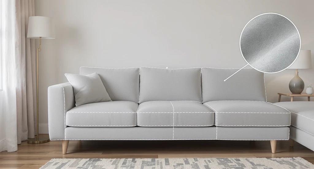 AI image annotation for interior design showing how to mark changes in AI home design—a highlighted sofa and chaise with reference overlays, demonstrating best practices for AI room visualization annotations and preventing unwanted AI changes during edits.
