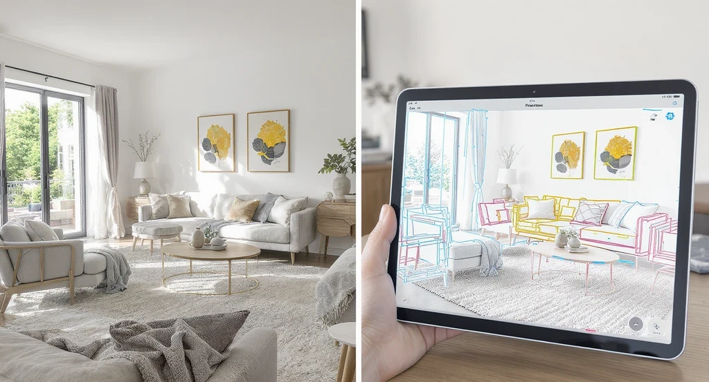 AI image annotation for interior design shown on a digital tablet in a modern living room, demonstrating how to mark changes in AI home design with precise room visualization annotations and tools for preventing unwanted AI changes during edits.