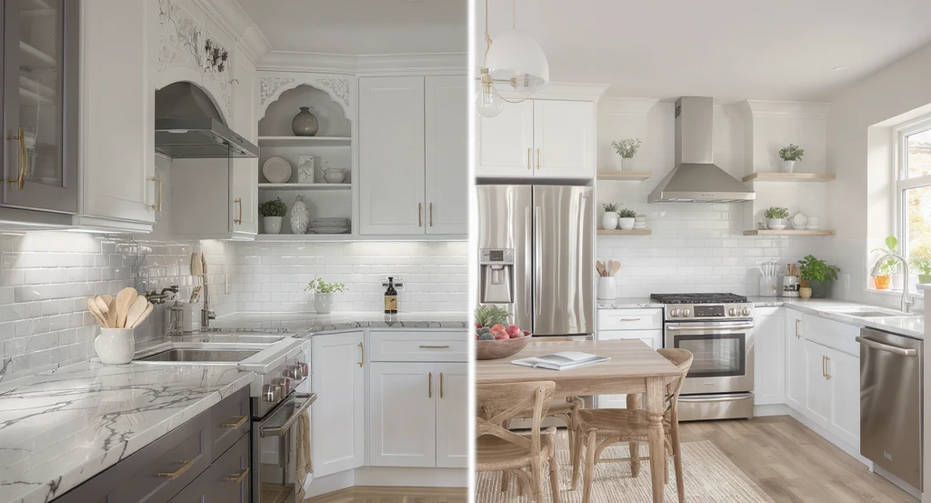 Photorealistic split-view of a modern home showing wasteful home improvements like marble countertops vs. sustainable alternatives, illustrating ai home renovation visualization tools and how ai impacts sustainable home design.