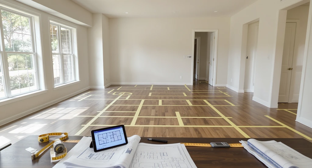 Editorial photo shows a living room layout planning process with painter's tape for furniture, blueprints, and an ai home renovation visualization tool displayed, illustrating how ai impacts sustainable home design and helps avoid renovation waste.