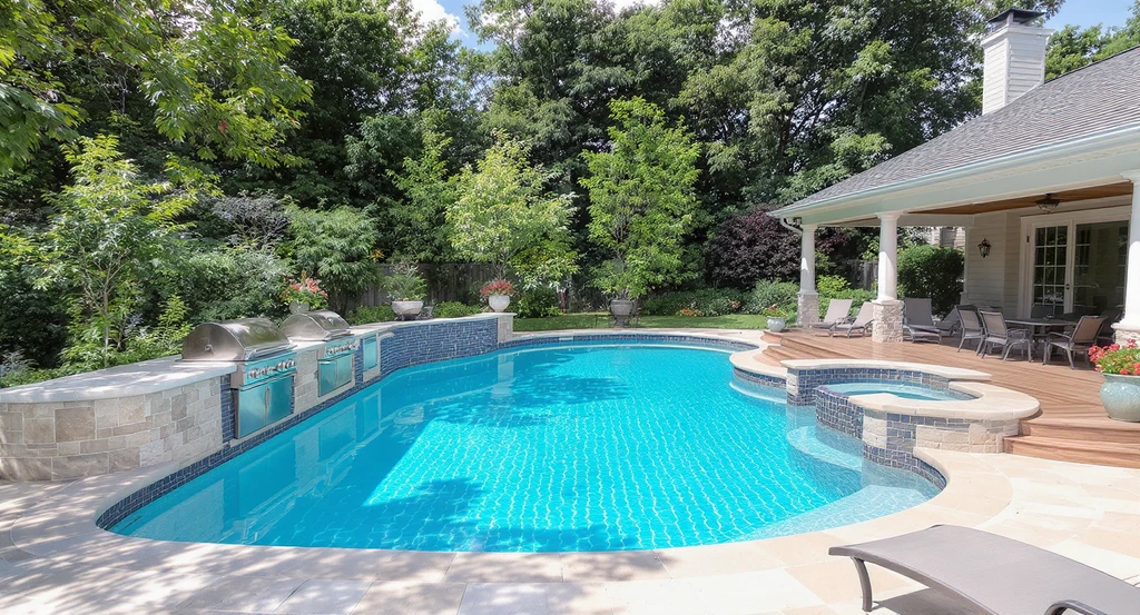Realistic suburban backyard showing an unused luxury pool and outdoor kitchen next to a cozy deck with seating, visualized by ai home renovation tools. 