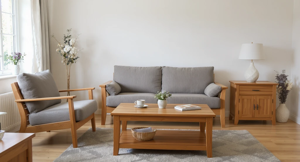 Editorial-quality living room featuring matching sofa, coffee table, and cabinet, illustrating how ai interior design for decluttering spaces can highlight the uninspired look of uniform decor sets.