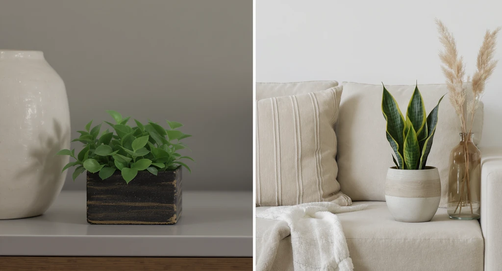 Editorial living room example showing synthetic faux plants with glossy leaves versus live snake plant and dried branches for decluttering using ai interior design and sustainable home design with ai visualization.