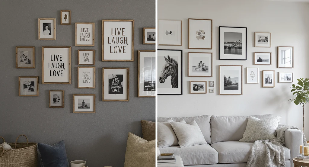 Modern living room showing cluttered word art wall signs versus a curated gallery of original prints, illustrating ai interior design for decluttering spaces and using ai for home decor decisions.