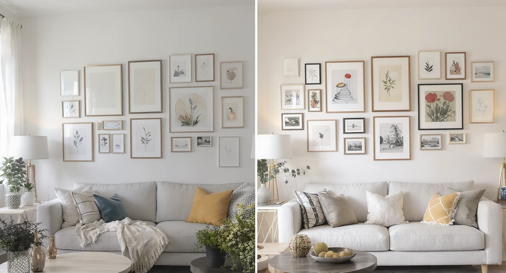 Editorial image showing a living room wall with cluttered, mismatched generic posters versus carefully framed original art, illustrating ai interior design for decluttering spaces and sustainable home design with ai visualization.