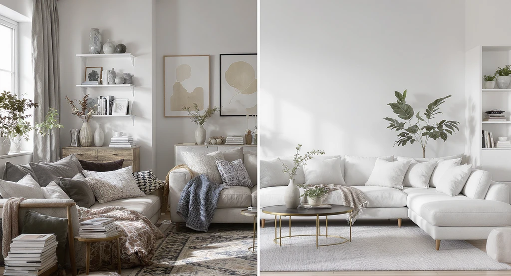 Modern living room split between cluttered decor and a decluttered, streamlined setup, showing ai interior design for decluttering spaces and ai room makeover for personalized style.
