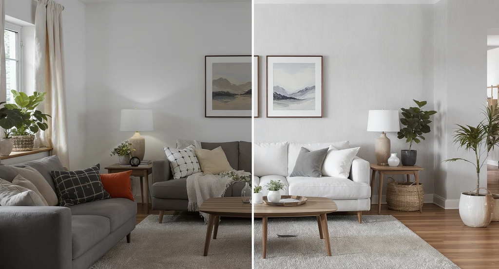 Modern living room showing before-and-after design mistakes: cluttered, mismatched decor on one side; elevated, cohesive, AI-improved aesthetics on the other.