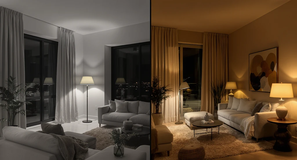 Layered home lighting in a modern living room shows the impact of combining overhead, table, and floor lamps for an upscale look. Use ai design ideas to make home look expensive and ai tools to avoid cheap looking interiors.