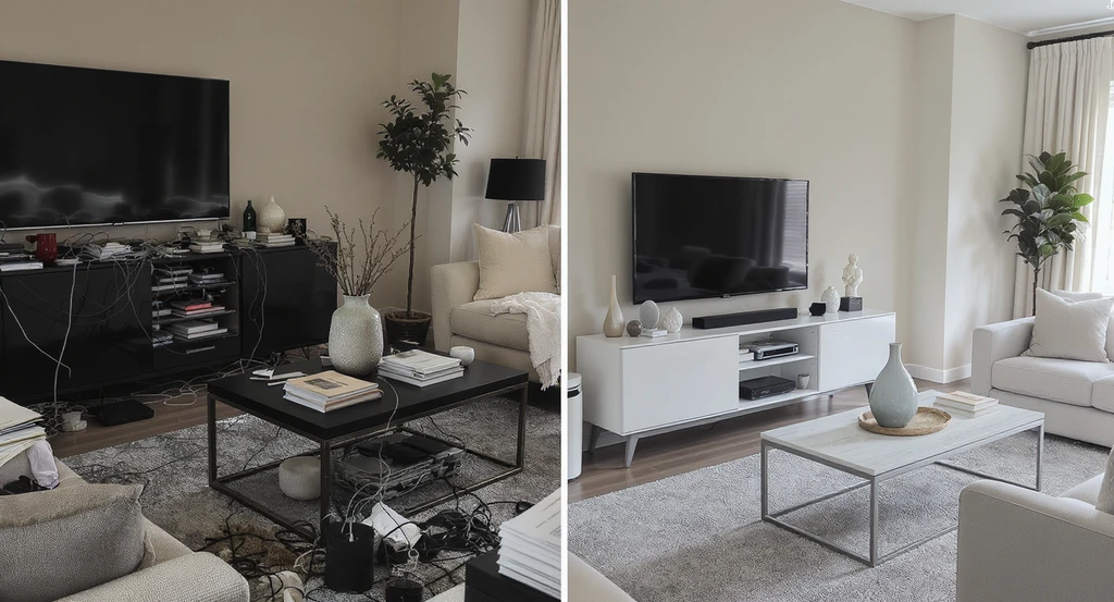 AI design ideas for a home makeover showing a living room before and after decluttering, highlighting how AI can improve home aesthetics and avoid cheap looking interiors.