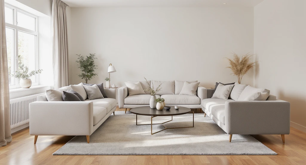 Photorealistic living room with floated sofas and a coffee table forming a conversation zone, illustrating AI design ideas to make home look expensive.