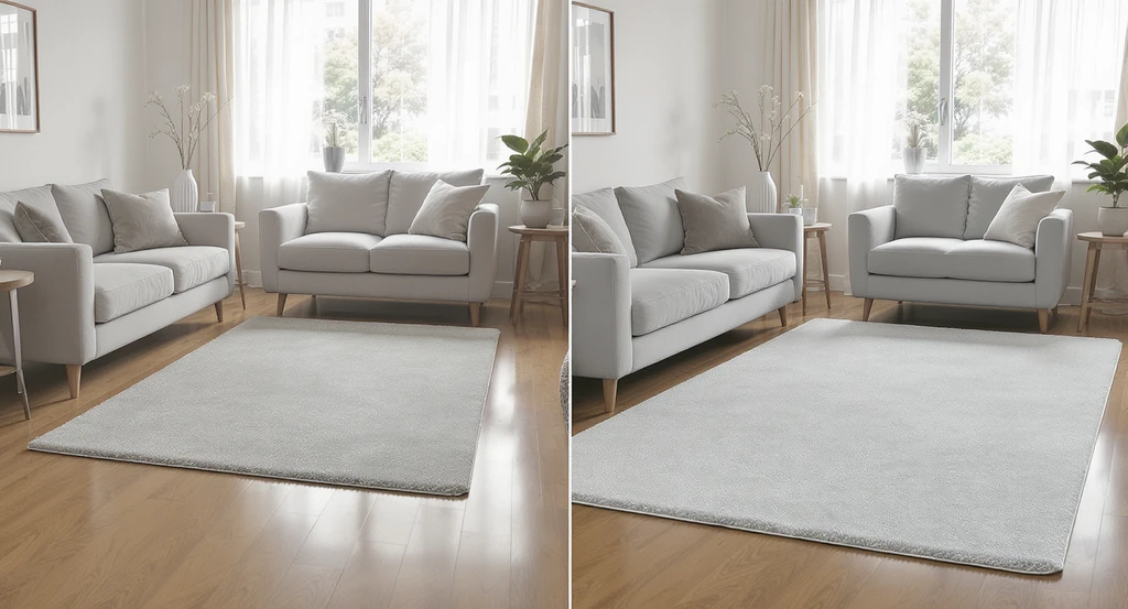 Modern living room with small rug floating between furniture on one side and correctly placed large rug anchoring seating on the other, demonstrating how ai design ideas to make home look expensive and how ai can improve home aesthetics by fixing cheap looking interiors.