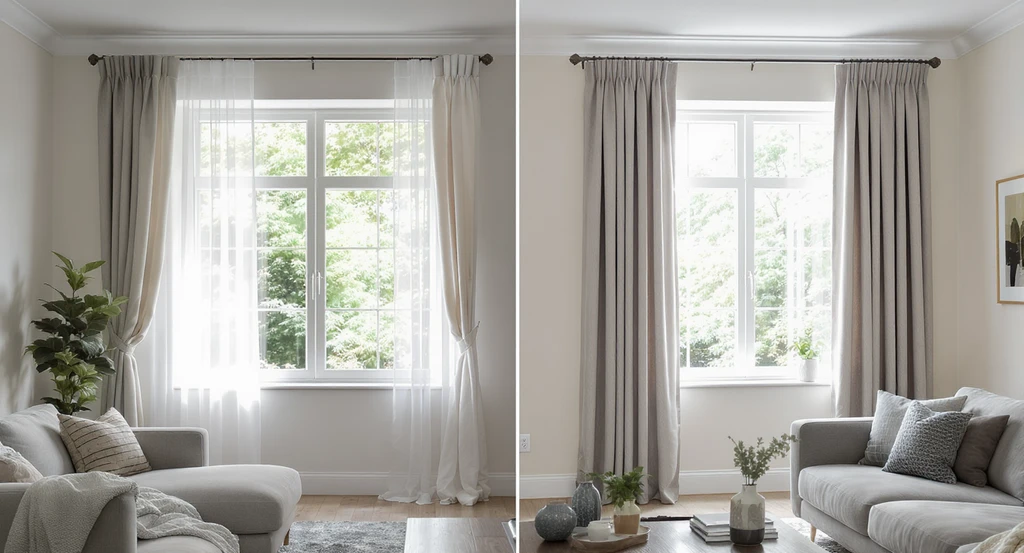 A living room with two windows shows short, sheer, unlined curtains on one side and floor-length, lined curtains on the other—highlighting ai design ideas to make home look expensive and how ai can improve home aesthetics by avoiding cheap-looking interiors.