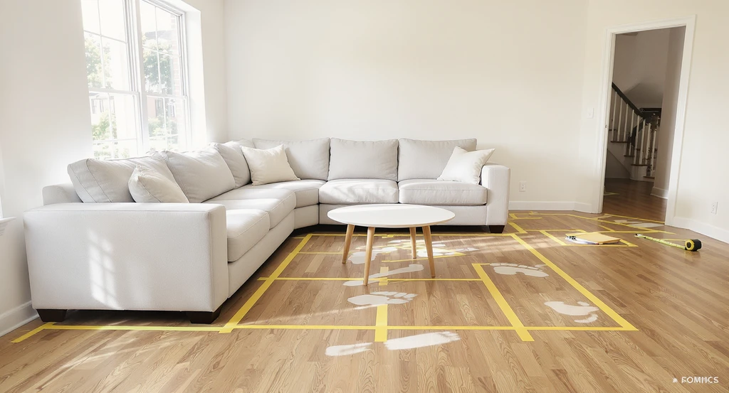 Modern living room with an oversized sectional sofa, undersized coffee table, and painter’s tape mapping ideal furniture footprints, illustrating ai home design regrets to avoid and how ai visualization helps prevent common mistakes with room layouts.