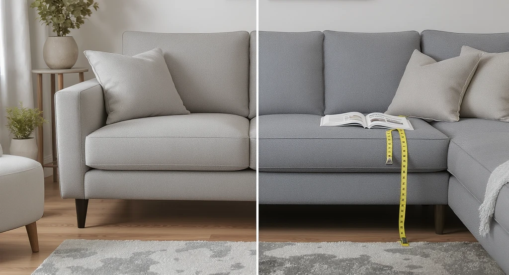 Editorial image showing a modern living room with two contrasting sofas—one stylish but rigid, the other plush and comfortable—plus seat measuring tools to highlight comfort, illustrating ai home design regrets to avoid and common furniture mistakes in ai room layouts.