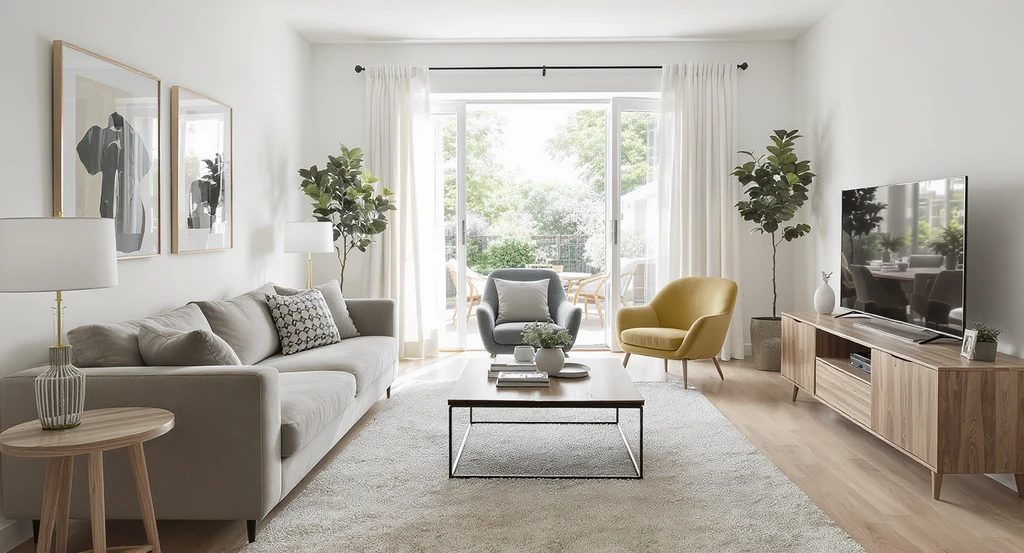 Spacious living room depicting ai home design regrets to avoid, including common mistakes with ai room layouts and how to choose durable ai recommended furniture. The photo shows mismatched, oversized, and poorly fitting pieces, with an ai visualization tool on a tablet helping prevent buyer’s remorse with ai home tools.