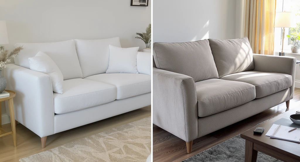 Side-by-side comparison of showroom versus delivered sofa quality in a modern living room, showing differences in materials and finish. ai home design regrets to avoid, common mistakes with ai room layouts, how to choose durable ai recommended furniture, ai visualization for measuring furniture fit, preventing buyer’s remorse with ai home tools.