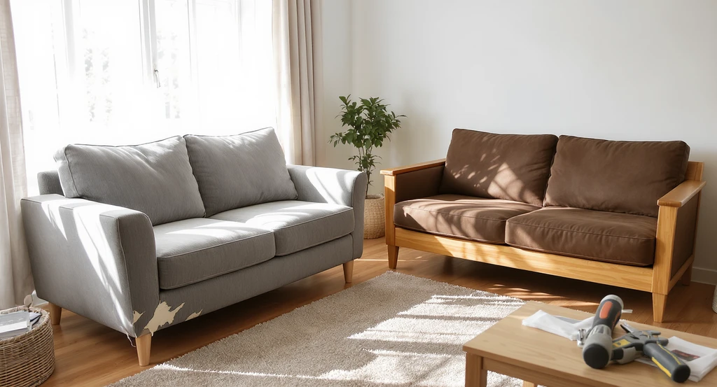 Editorial shot of a living room comparing a flimsy, fast-assembled veneer sofa and a durable solid wood sofa for ai home design regrets to avoid.