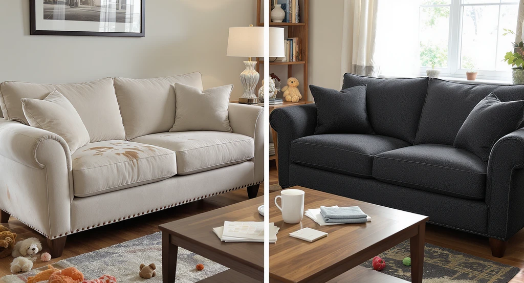Living room showing side-by-side comparison of stained velvet sofa and clean performance fabric sofa, illustrating ai home design regrets to avoid and how to choose durable ai recommended furniture for common mistakes with ai room layouts.