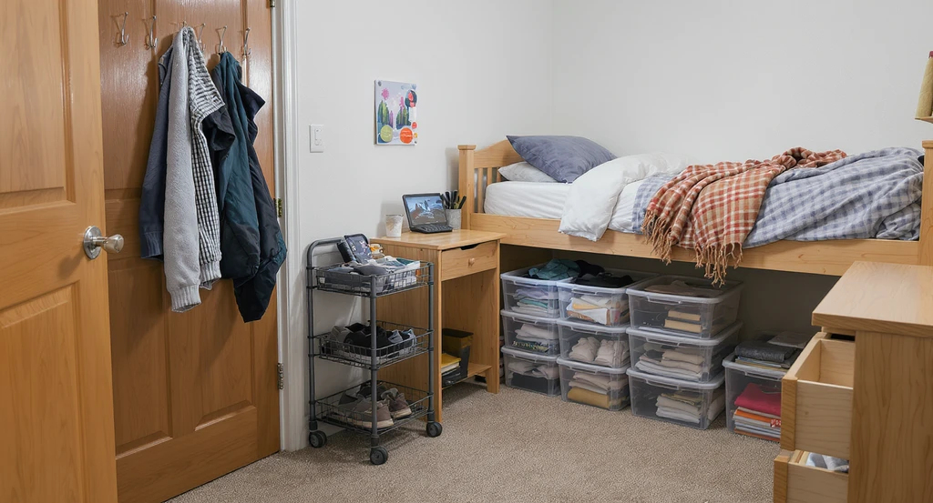 Editorial photo of a college dorm room showing stackable under-bed bins, over-the-door hooks, drawer dividers, and a rolling cart—perfect space-saving storage solutions for dorms and a must on any college dorm room shopping checklist. Includes ideas for how to organize a small dorm room and useful, budget-friendly college dorm decor for smooth roommate coordination during move-in.