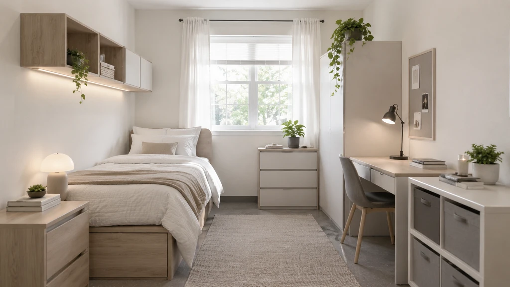 Photorealistic college dorm room scene with organized essentials, boxed belongings, space-saving shelves, and skip pile for dorm room shopping checklist. Includes budget-friendly storage solutions, coordinated layout for small dorm, and modern decor ideas. No people present.