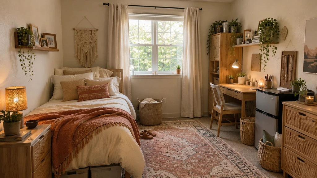 Organized college dorm room with twin beds, study desks, budget-friendly storage solutions, and space-saving decor, showcasing a complete college dorm room shopping checklist and practical tips for how to organize a small dorm room.