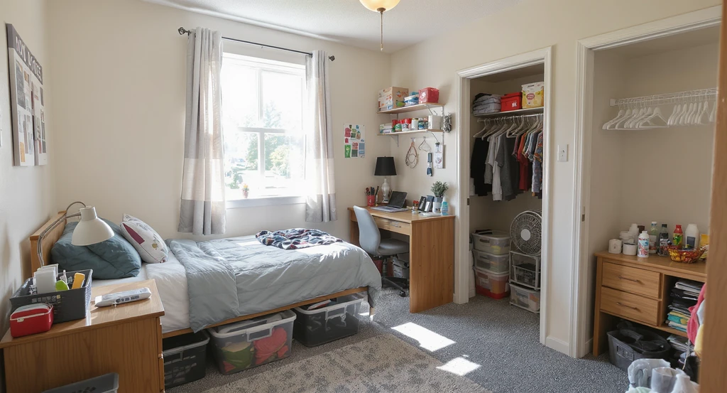 College dorm room with bedding, storage bins, desk organizers, and phased shopping items, showing how to organize a small dorm room using a checklist.