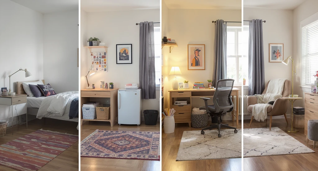 College dorm room showcases a budget breakdown with distinct setups: basic essentials, mid-range upgrades, premium organizers, and a fully decorated layout. Includes ideas from the college dorm room shopping checklist, how to organize a small dorm room, budget-friendly college dorm decor ideas, roommate coordination for dorm move-in, and space-saving storage solutions for dorms.
