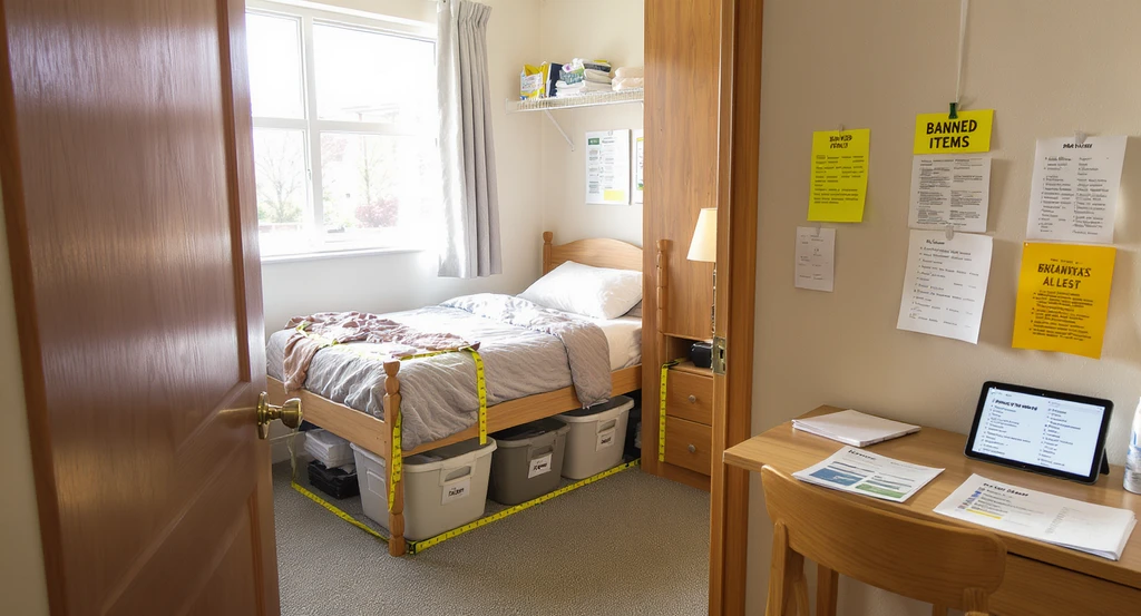 Preview of a college dorm room prepared for shopping: Twin XL bed and desk measured, banned and provided items lists, and space-saving storage visible. College dorm room shopping checklist, how to organize a small dorm room, budget-friendly college dorm decor ideas, roommate coordination for dorm move-in, space-saving storage solutions for dorms.